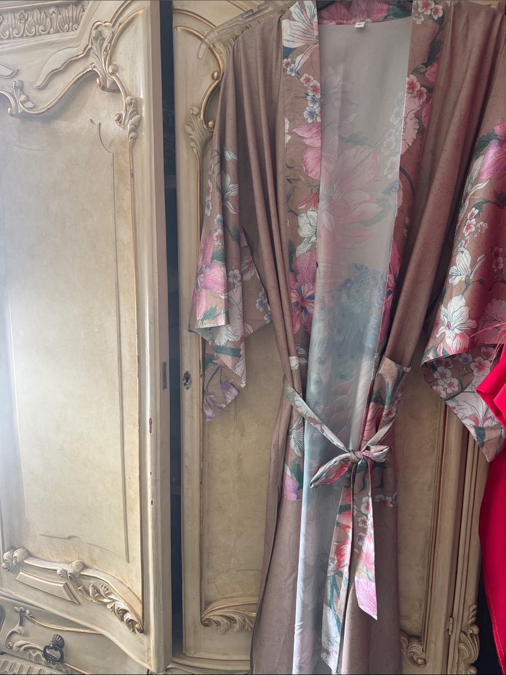 Floral Kimono Robe - Taupe and Pink